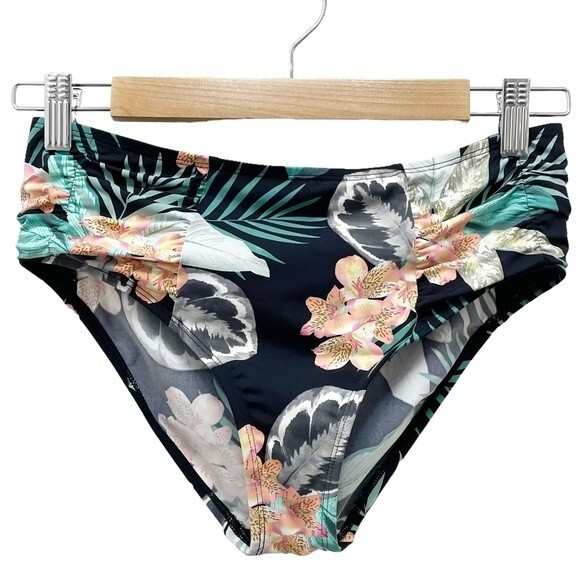 NWT Skye Alessia Hi Waist Ruched Bikini Bottom Black Kaleah Print Size Small NEW - Picture 2 of 14